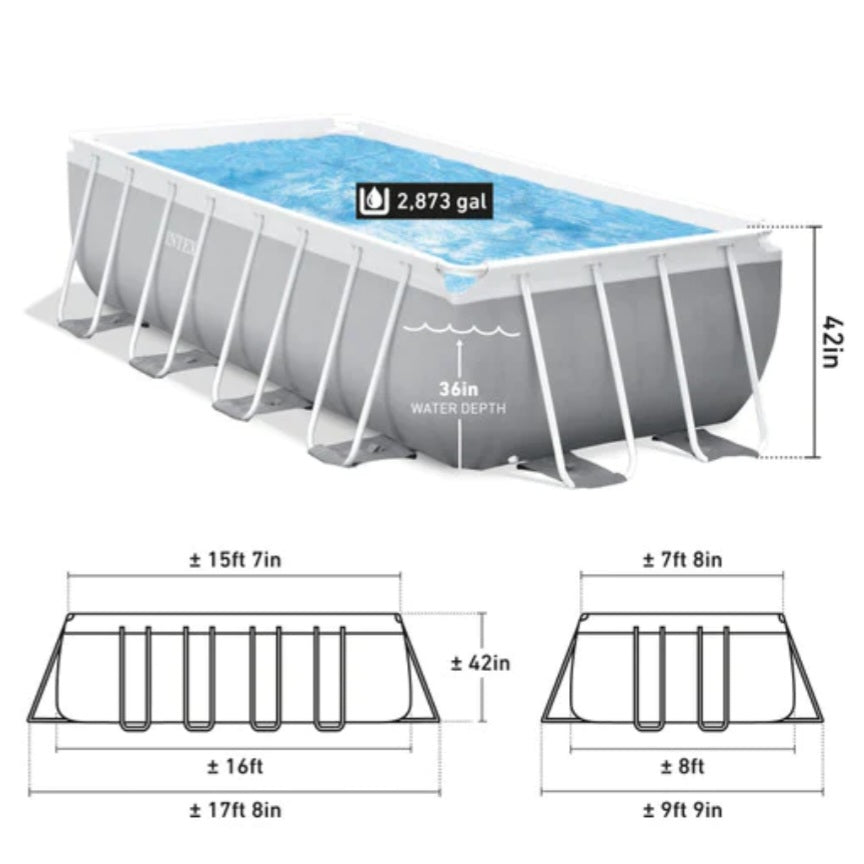  Set de piscina Intex 16 pies x 8 pies x 42 pulgadas, marco de  prisma rectangular con bomba de filtro, escalera, paño para piso y cubierta  de piscina : Patio, Césped y Jardín